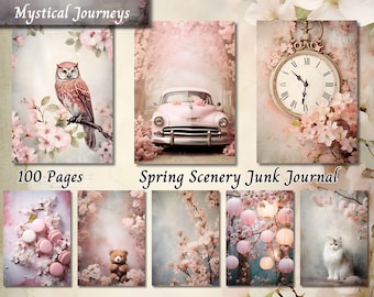 Spring Scenery Junk Journal Pages, Shabby Chic Floral Ephemera, Vintage Printable Scrapbook Paper Kit