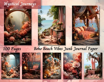 Boho Beach Junk Journal Kit, Boho Beach Vibes Printable Pages, Coastal Ephemera, Tropical Scrapbook Papers, for Scrapbooking