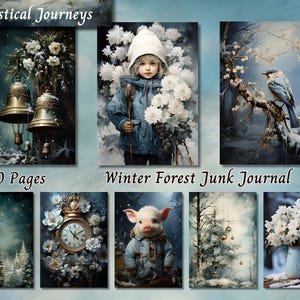 Papel de diario basura con diseño de bosque invernal, efímera navideña imprimible con nieve, hoja de collage de álbumes de recortes vintage, páginas de técnica mixta de fondo ATC