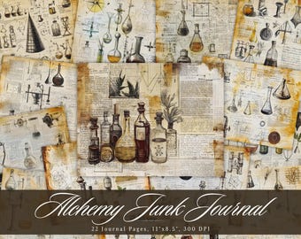 May include: 22 pages of vintage-style journal paper featuring illustrations of alchemy equipment and text. The paper is cream-colored with brown ink and has a distressed look. The text at the bottom reads "Alchemy Junk Journal 22 Journal Pages, 11" x 8.5", 300 DPI".
