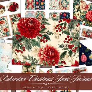 Boho kerstafval dagboekpapier, kerstman winterkrans afdrukbare ephemera, vintage hulstplant xmas plakboekcollage, achtergrondvel
