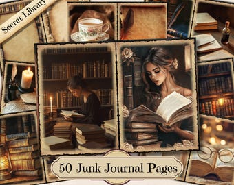 Puede incluir: Un collage de imágenes de estilo vintage con temática de biblioteca. Incluye imágenes de libros, una mujer leyendo, una taza de té, una vela y una pluma. El texto "Secret Library" y "50 Junk Journal Pages" es visible.