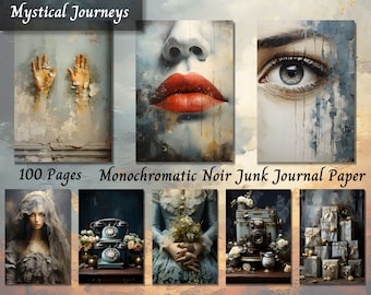 Monochromatic Noir Junk Journal Paper, Vintage Artistic Printable Ephemera, Black and White Scrapbook Collage Sheet, Background Mixed Media