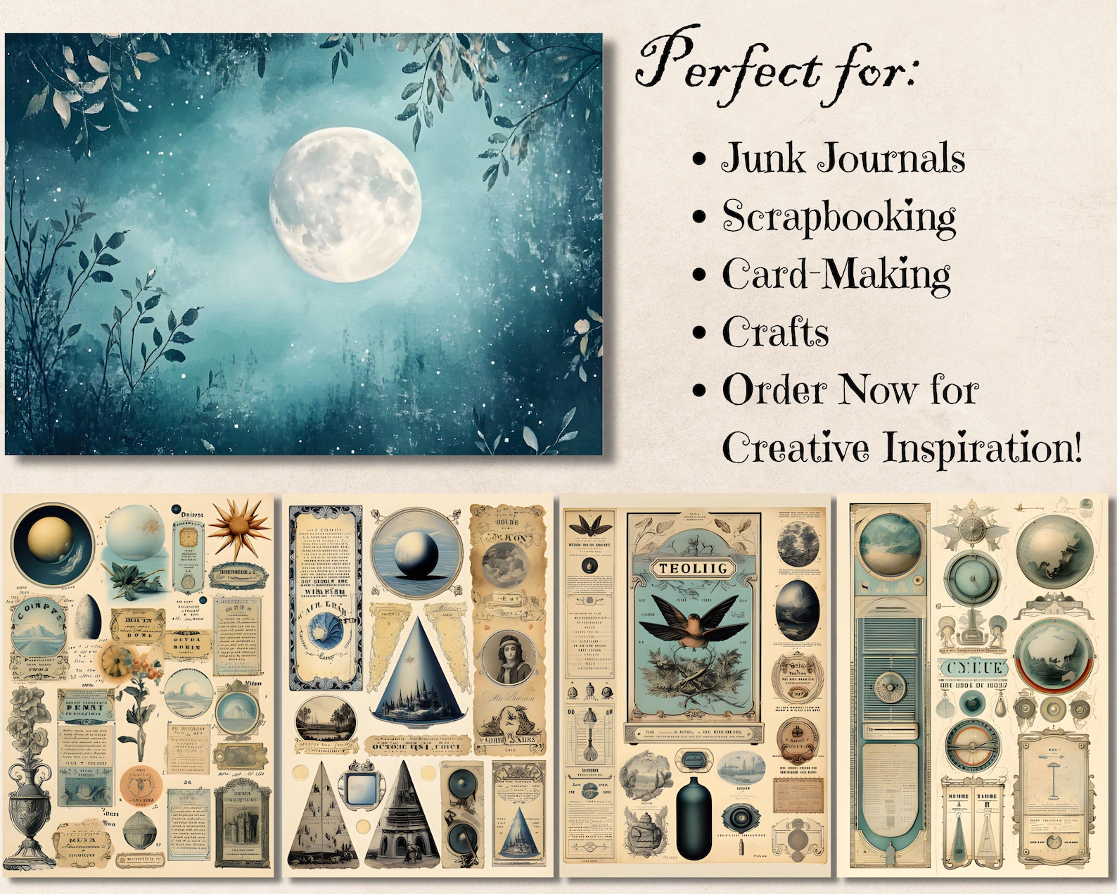Blue Moon Junk Journal, Night Sky Printable Ephemera Pages, Lunar Space ...