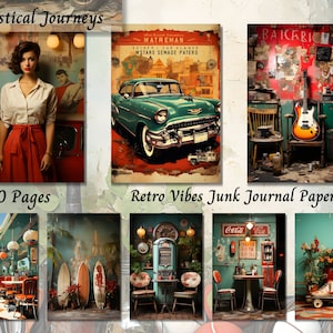 Kit de papel para diário retrô com vibes, itens digitais vintage shabby chic, suprimentos para colagem de scrapbook para impressão, decoupage em aquarela