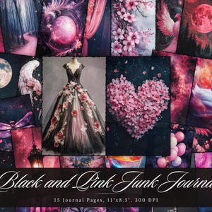 Black and Pink Junk Journal, Vintage Floral Printable Ephemera Pages, Gothic Scrapbooking Collage Sheet, Background Mixed Media Paper ATC
