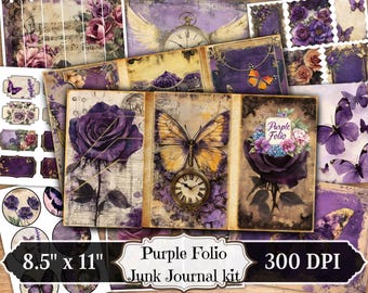 Purple Folio Junk Journal Kit, Lavender Printable Ephemera, Vintage Floral Scrapbooking Collage Sheet, Background Mixed Media Pages ATC