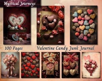 May include: A Valentine's Day themed junk journal with 100 pages. The cover features a collage of images with hearts, candy, and vintage-style packaging. The title "Valentine Candy Junk Journal" is printed on the cover.