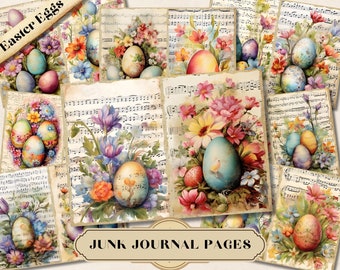 Peut inclure: Un ensemble de 10 pages de journal de rebut imprimables numériques mettant en vedette des œufs de Pâques vintage et des motifs floraux sur un fond de partition musicale. Les pages sont parfaites pour ajouter une touche de printemps à vos journaux, albums et autres travaux manuels en papier.