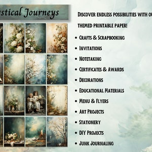 May include: A set of 12 digital printable papers featuring a mystical journey theme with images of blooming flowers, a book, a lighthouse, and a couple of children. The papers are perfect for crafts, scrapbooking, invitations, note-taking, certificates, awards, decorations, educational materials, menus, flyers, art projects, stationery, DIY projects, and junk journaling.