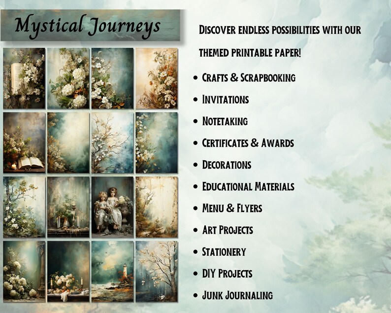 May include: A set of 12 digital printable papers featuring a mystical journey theme with images of blooming flowers, a book, a lighthouse, and a couple of children. The papers are perfect for crafts, scrapbooking, invitations, note-taking, certificates, awards, decorations, educational materials, menus, flyers, art projects, stationery, DIY projects, and junk journaling.