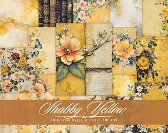 May include: A collage of yellow and floral journal pages. The design includes watercolor washes, vintage book pages, and floral illustrations. The text "Shabby Yellow" is displayed on a brown banner, along with the text "40 Journal Pages, 8.5"x11", 300 DPI."