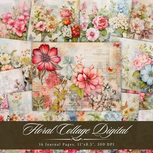 Floral Collage Digital Junk Journal, Shabby Chic, Flower Mixed Media, Scrapbooking Collage, Rose Journaling Kit Supplies, Fussy Cut ATC Card