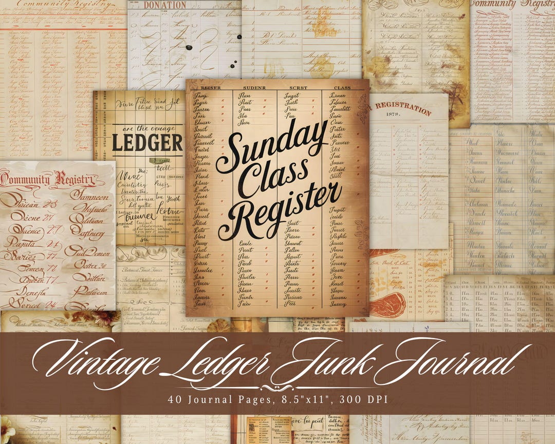Vintage Ledger Pages | 40 Printable Antique Junk Journal Paper, Digital ...