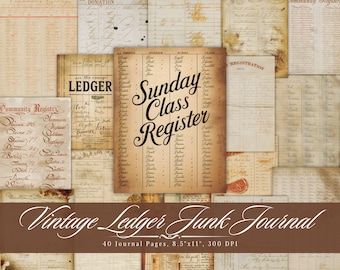 Vintage Ledger Pages | 40 Printable Antique Junk Journal Paper, Digital Collage Sheet (Instant Download) for Scrapbooking, Commercial Use