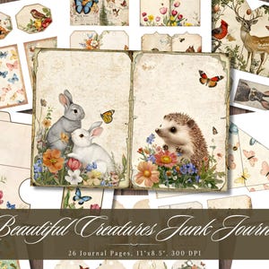 Diario di cianfrusaglie con bellissime creature, effimeri stampabili con animali floreali, foglio di collage shabby chic vintage per scrapbooking, sfondo con tecniche miste