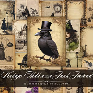 May include: A digital collage of 25 vintage Halloween themed scrapbook pages, each with a different design. The pages feature images of witches, ravens, bats, and other spooky elements. The pages are perfect for creating unique Halloween crafts and projects.