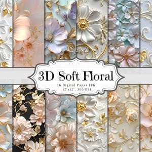 3Dソフトフローラルデジタルペーパー、花柄プリント可能なエフェメラ、ボタニカルシャビーシックスクラップブッキングコラージュシート、背景ミックスメディアページATC