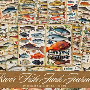 Fluss Fische Junk Journal Seiten, Meerestiere druckbare Ephemera, Vintage Fisch Scrapbooking Collage Sheet, Hintergrund Mixed Media Papier