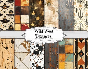 Peut inclure: Un pack de papiers numériques avec 50 textures sur le thème du Far West. Les textures comprennent du bois, du métal, des éclaboussures de peinture et des motifs géométriques dans diverses couleurs, notamment le brun, le rouge, le bleu et le blanc. Le pack de papiers est de 12x12 pouces et 300 DPI.