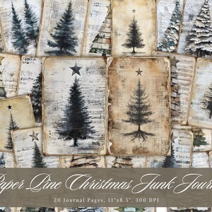 May include: A digital paper pack with 20 printable journal pages featuring a vintage Christmas theme. The pages are decorated with images of pine trees, musical notes, and a rustic brown background. The text "Paper Pine Christmas Junk Journal" and "20 Journal Pages, 11" x 8.5", 300 DPI" is printed on the bottom of the image.