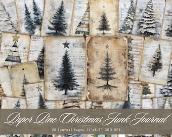 Paper Pine Christmas Junk Journal, Xmas Tree Printable Ephemera, Vintage Nature Scrapbooking Collage Sheet, Background Mixed Media Pages ATC
