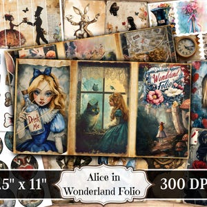 Alice in Wonderland Folio Kit, Alice Junk Journal, Vintage Movie Printable Ephemera, Scrapbooking Collage Sheet, Background Mixed Media ATC
