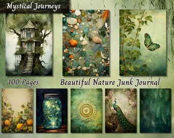 Belle nature papier journal indésirable, éphémères botaniques imprimables, feuille de collage de scrapbooking nature, technique mixte de fond de plante forestière