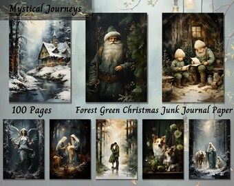 Kit diario natalizio verde foresta, collage shabby chic invernale, materiale effimero digitale stampabile, carta per scrapbooking vintage