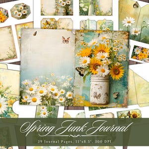 Papier pour carnet printanier, fleurs éphémères imprimables vintage, feuille de collage scrapbooking shabby chic chic, arrière-plan technique mixte page ATC