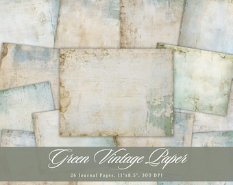 Green Vintage Junk Journal, Aged Shabby Chic Printable Ephemera, Vintage Watercolor Scrapbooking Collage Sheet, Background Mixed Media Page