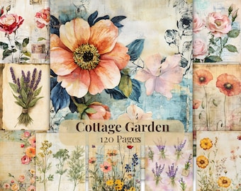 120 Cottage Garden Junk Journal Kit, Printable Floral Journal Pages, Vintage Garden Ephemera, Botanical Scrapbook Paper, Digital Download