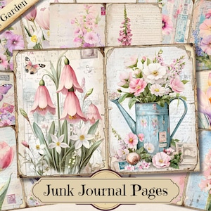 Journal du jardin printanier, imprimé floral éphémère shabby chic, feuille de collage pour scrapbooking fleurs vintage, pages techniques mixtes de fond