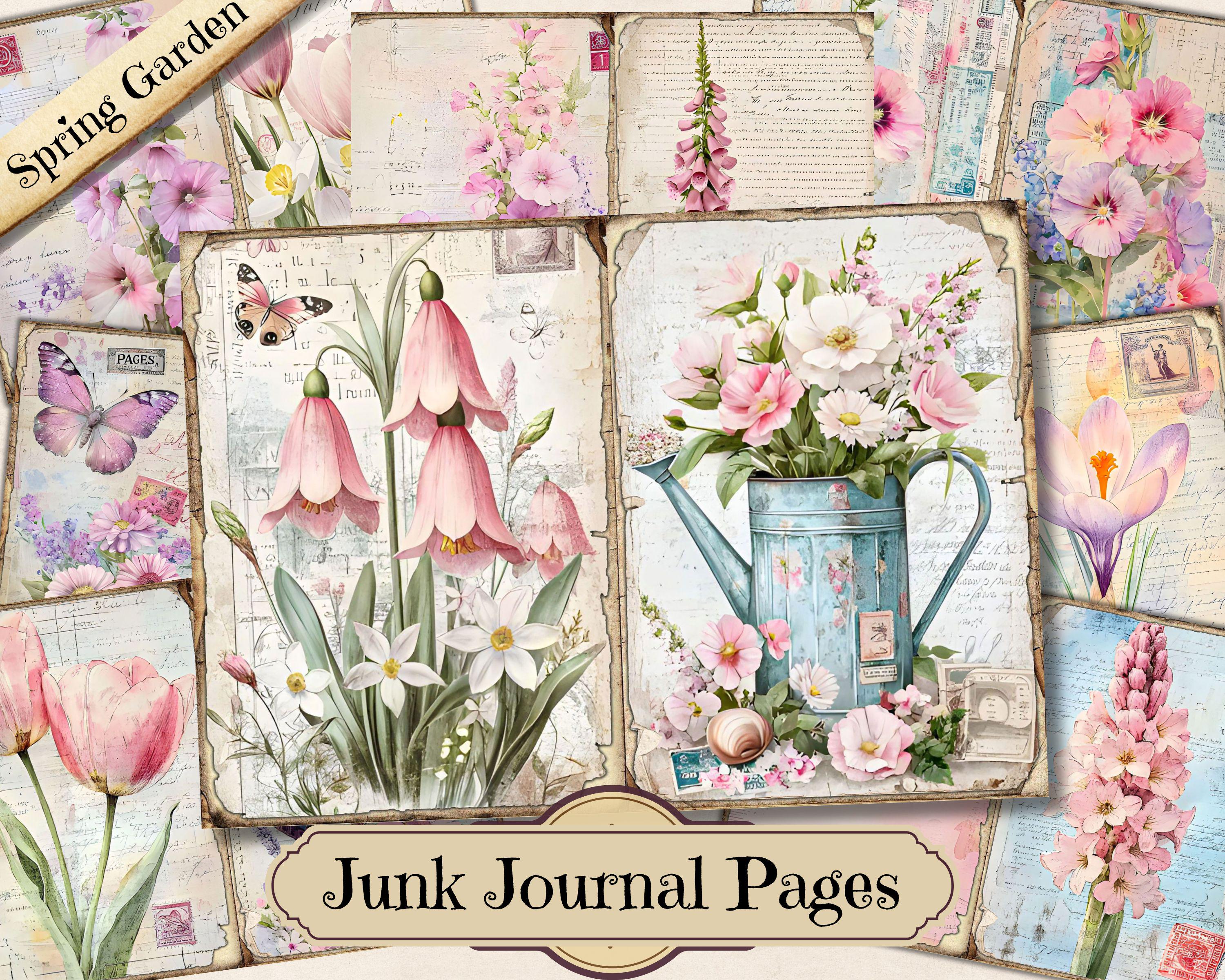 Junk-Journal, Frühlingsgarten, Junk Journal, Shabby Chic Blumen Ephemera, Vintage Blumen Scrapbooking Collage Sheet, Hintergrund Mixed Media Seiten