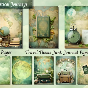 Reisthema ongewenste dagboekpapier, aquarel shabby chic journaling kit, vintage digitale afdrukbare ephemera, plakboek reiziger collageblad