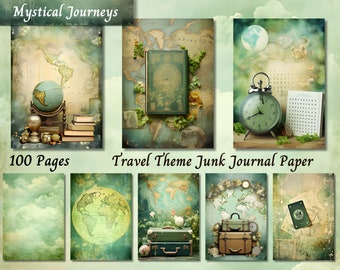 Travel Theme Junk Journal Paper, Watercolor Shabby Chic Journaling Kit, Vintage Digital Printable Ephemera, Scrapbook Traveler Collage Sheet
