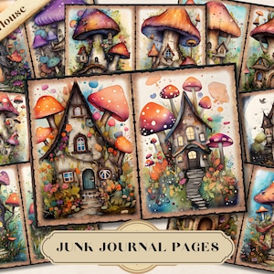 Fairy House Watercolor Junk Journal Kit, Mushroom Printable Ephemera Paper, Whimsical Fantasy Forest Scrapbook Collage Sheet, Cottage Page