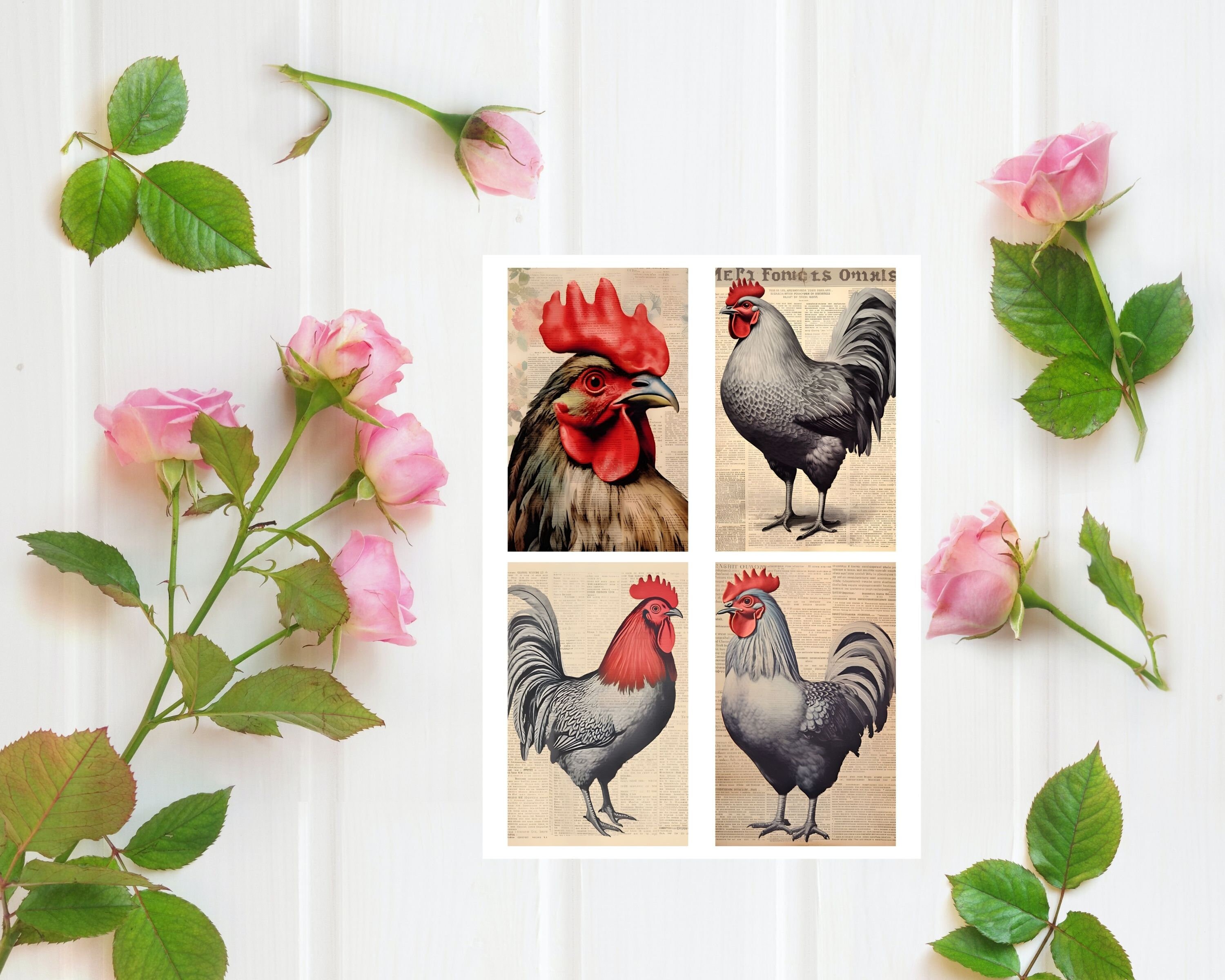 Roosters &amp; Chickens Junk Journal Kit, Printable Watercolor Ephemera ...