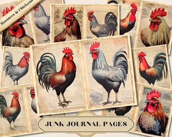 Hahn & Hühner Junk Journal Kit, Aquarell Ephemera Seiten, Shabby Chic Scrapbook Collage, digitales JPG