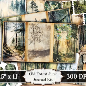 Old Forest Junk Journal Kit, botanische bomen afdrukbare ephemera, vintage natuur scrapbooking collageblad, gemengde media achtergrondpagina's