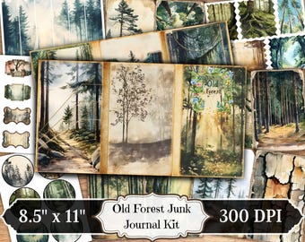 Kit de journal indésirable de la vieille forêt, arbres botaniques éphémères imprimables, feuille de collage de scrapbooking nature vintage, pages de techniques mixtes d'arrière-plan