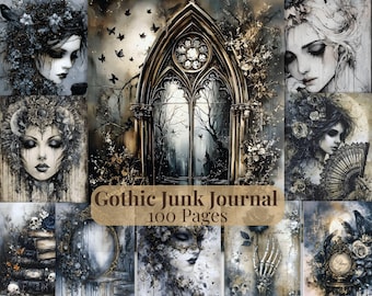 Gothic Junk Journal Kit Printable, Vintage Ephemera Bundle, 100 Junk Journal Supplies, Dark Tags Pockets Cards, Junk Journal Pages