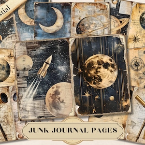 Papel de diário celestial Junk, itens efêmeros para impressão de lua espacial vintage, folha de colagem de álbum de recortes de galáxia de estrelas astronômicas, mídia mista de fundo