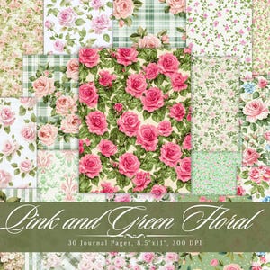Diario de recortes con flores rosas y verdes, efímeras imprimibles de estilo shabby chic con flores, hoja de collage de scrapbooking botánico, técnica mixta de fondo.