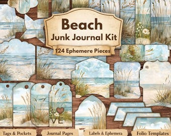 Kit imprimible para diario creativo playero, paquete de efímeros costeros, 124 artículos para diario creativo, tarjetas con bolsillos para etiquetas oceánicas, páginas para diario playero.