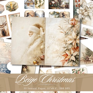 Beige Christmas Junk Journal Paper, Xmas Winter Printable Ephemera, Vintage Scrapbook Collage Sheet, Shabby Chic Background, Mixed Media ATC