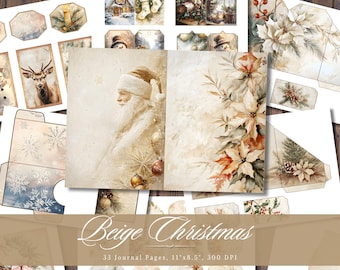 Beige Christmas Junk Journal Paper, Xmas Winter Printable Ephemera, Vintage Scrapbook Collage Sheet, Shabby Chic Background, Mixed Media ATC