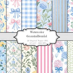Watercolor Grandmillennial Digital Paper, Soft Shabby Chic Pattern, Cute Printable Ephemera Page, Vintage Scrapbooking Collage Sheet Pages