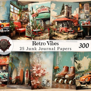 Papel para diario con ambiente retro, adornos digitales vintage shabby chic, materiales imprimibles para collage y decoupage con acuarela