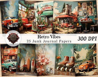 Papel para cuaderno con estilo retro, adornos digitales vintage shabby chic, materiales imprimibles para álbumes de recortes y collages, decoupage con acuarelas.